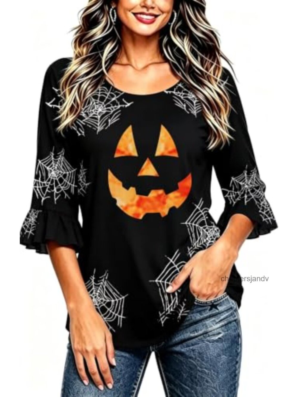 Halloween Ruffle 3/4 Sleeve Blouse Pumpkin Print Tunic Top